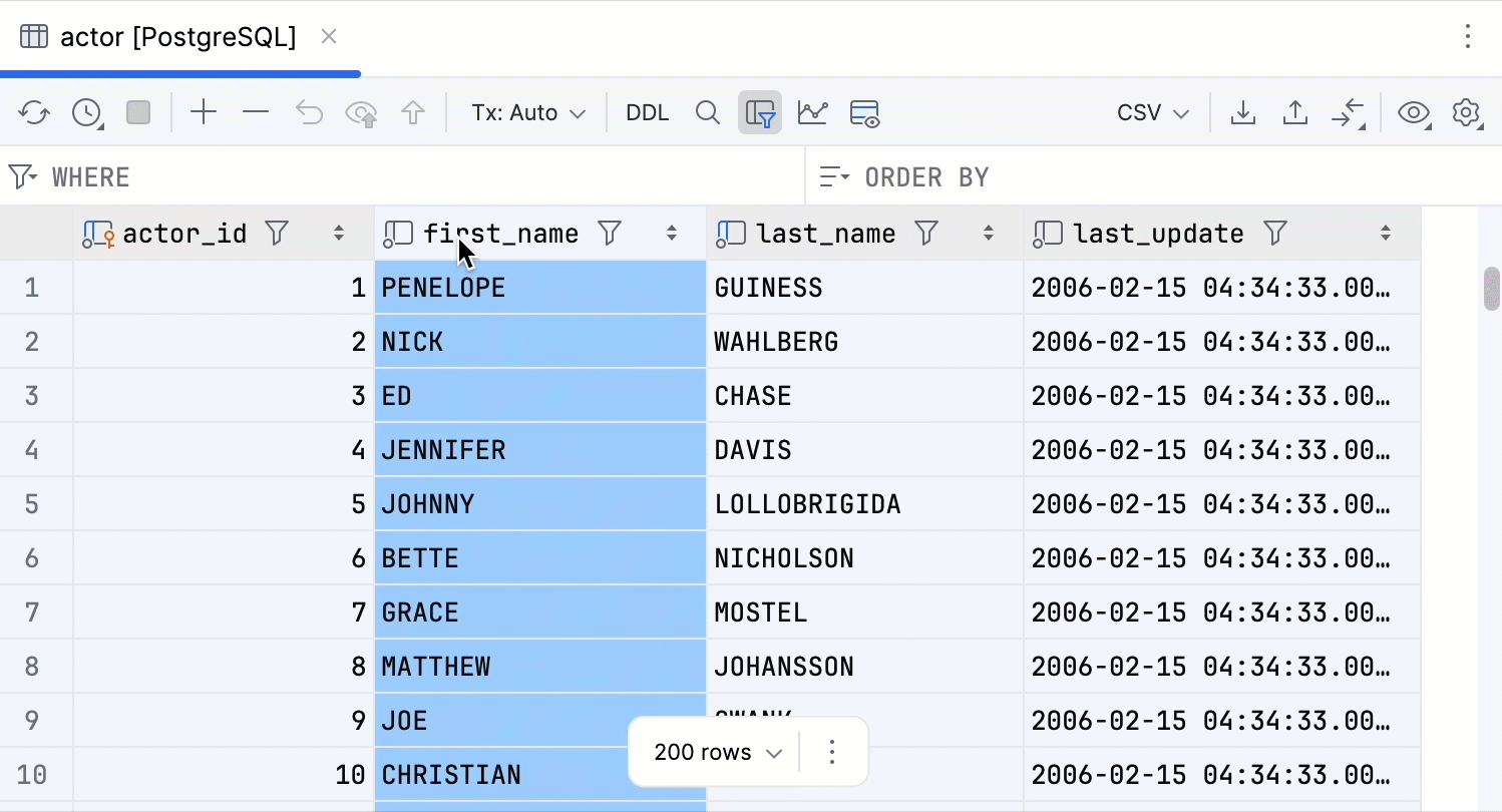 Db data editor select column click header animated