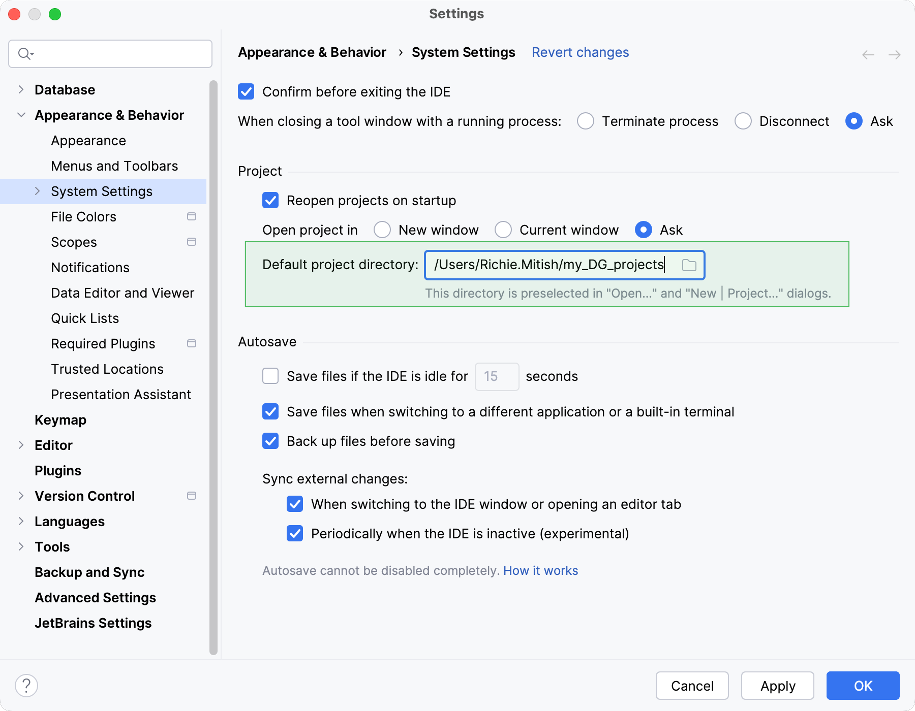 Changing the default location for projects Changing the default location for projects