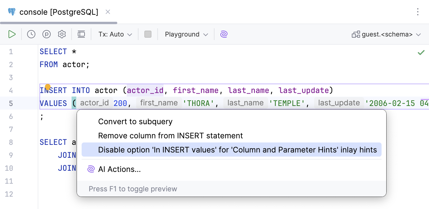 Disable an inlay hint option in the code editor Disable an inlay hint option in the code editor