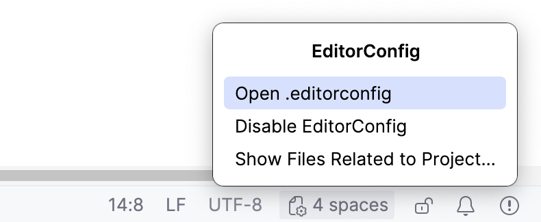 EditorConfig menu opened from the Indentation widget