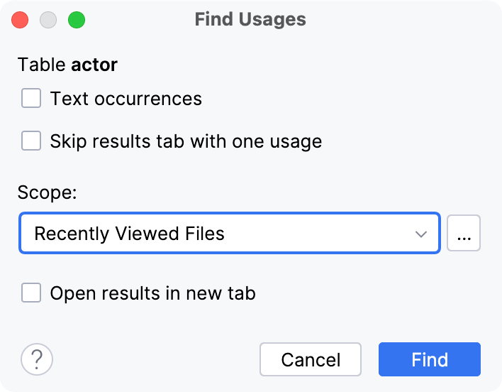 Find Usages dialog (Change Scope) Find Usages dialog (Change Scope)