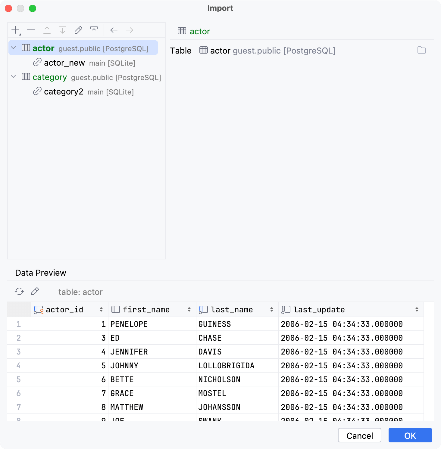 Import tables: table source settings Import tables: table source settings