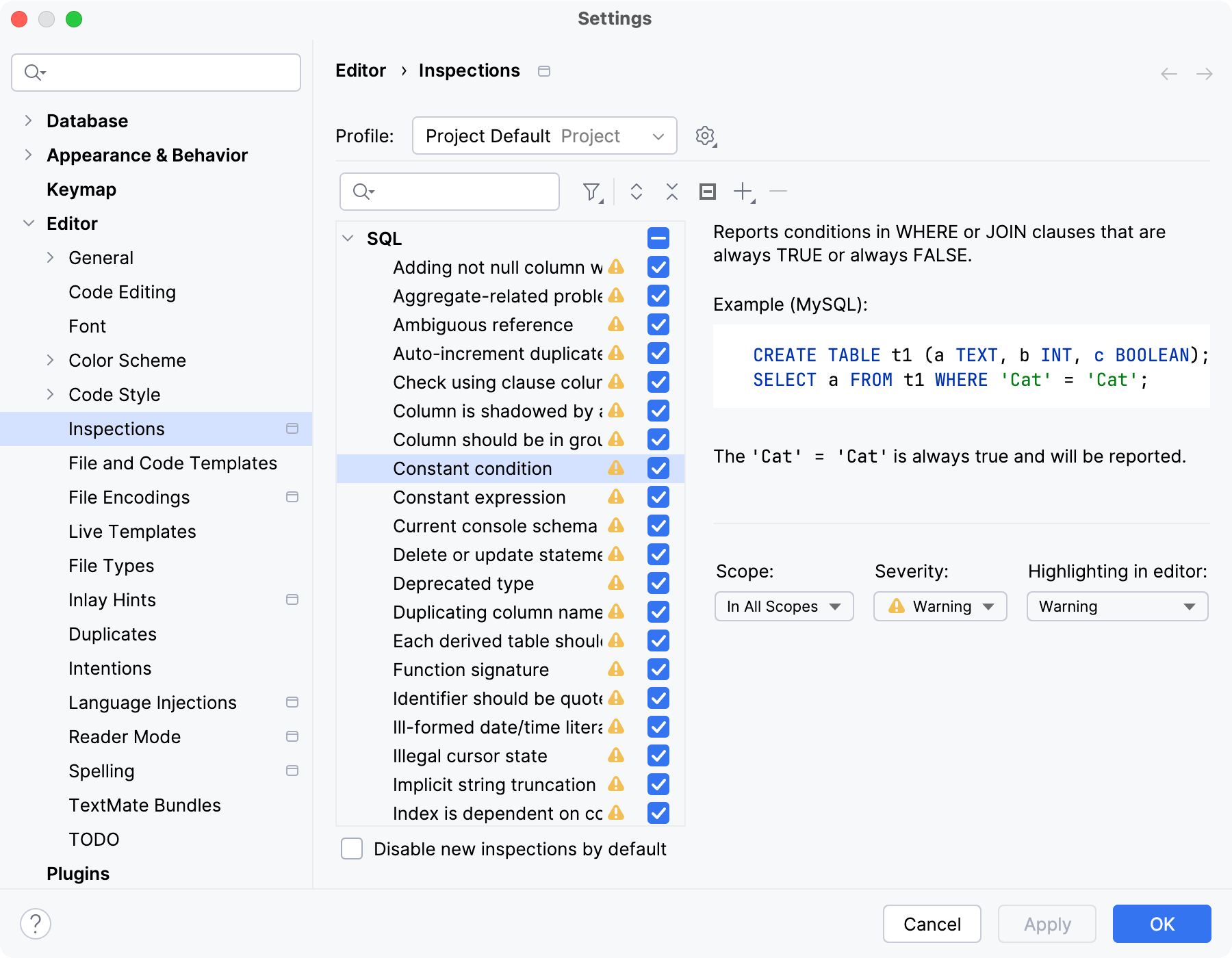 The list of inspections and their settings The list of inspections and their settings