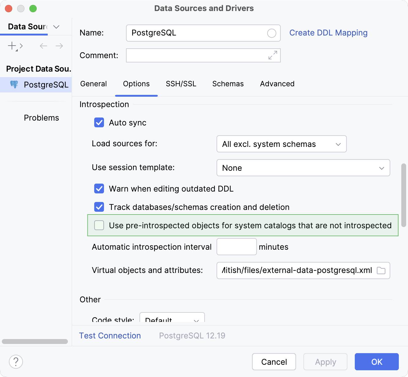 Introspect system catalogs for a data source