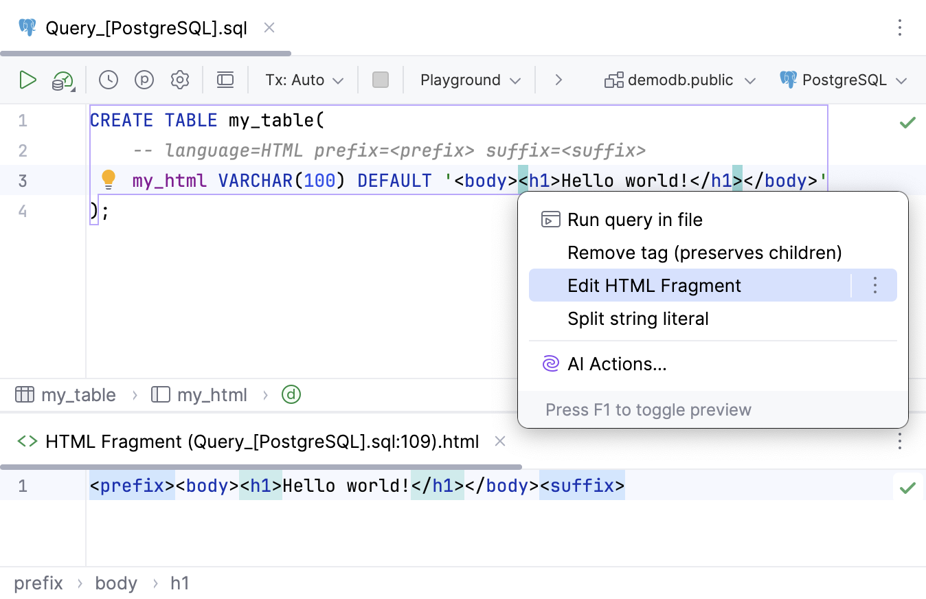 Open a code fragment in the dedicated editor section