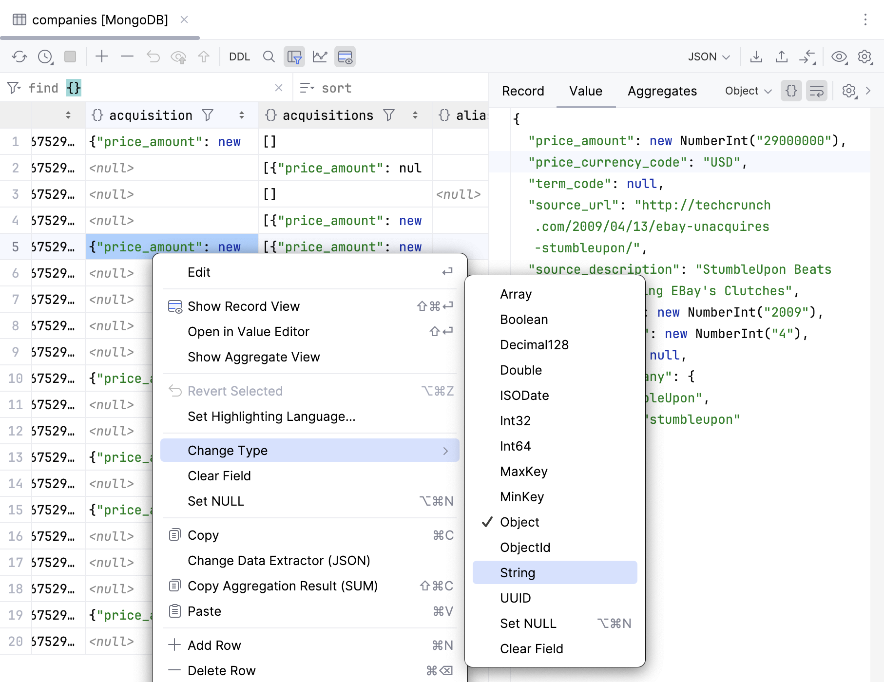 Change the type of value in the data editor Change the type of value in the data editor