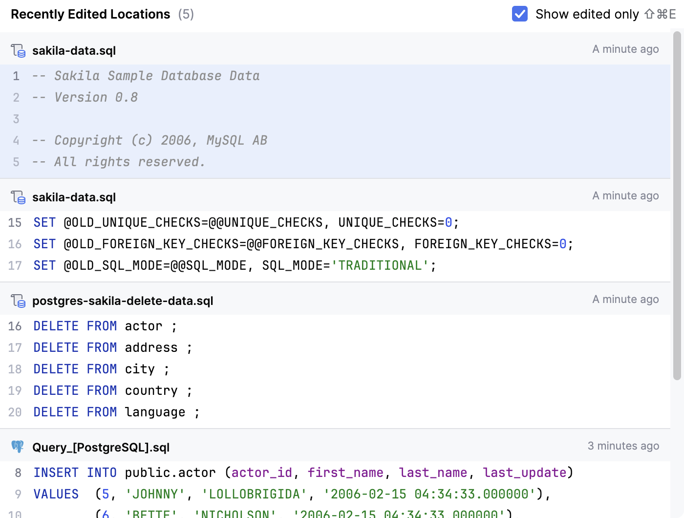 Recent Locations popup: Show changed only