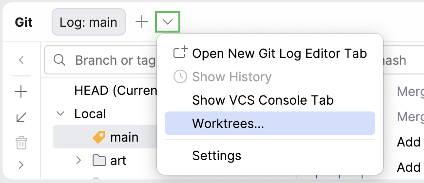 The Git tool window with an option to open the Worktrees tab The Git tool window with an option to open the Worktrees tab