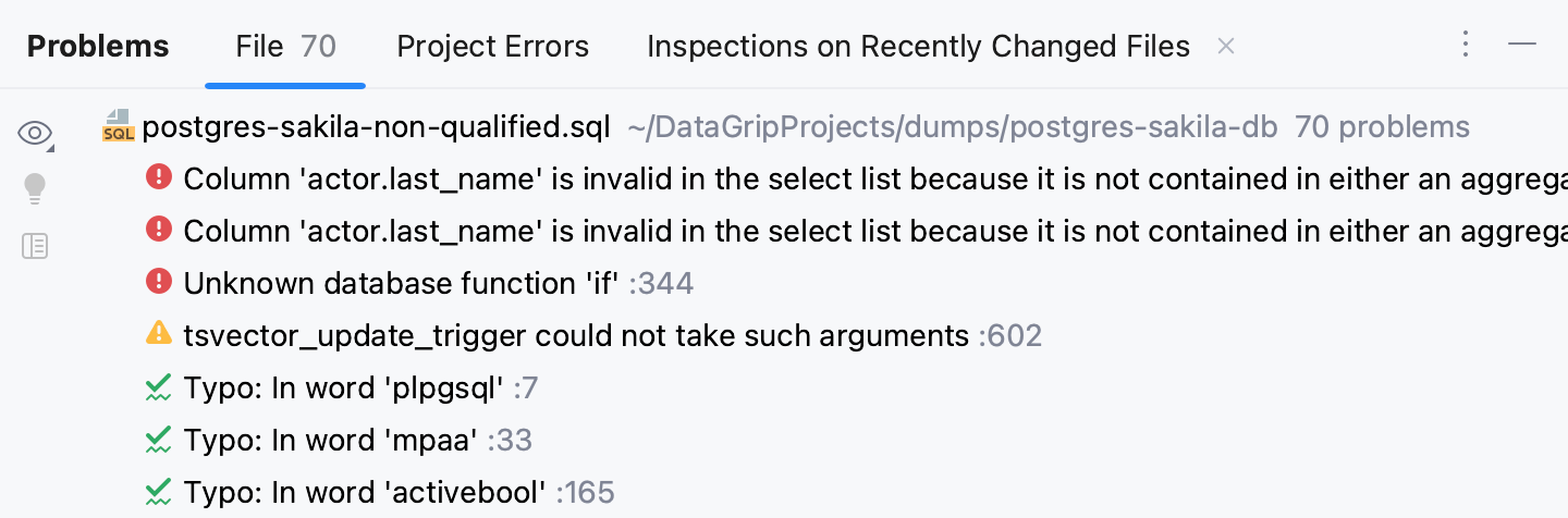 DataGrip: Problems tool window. Current File tab DataGrip: Problems tool window. Current File tab