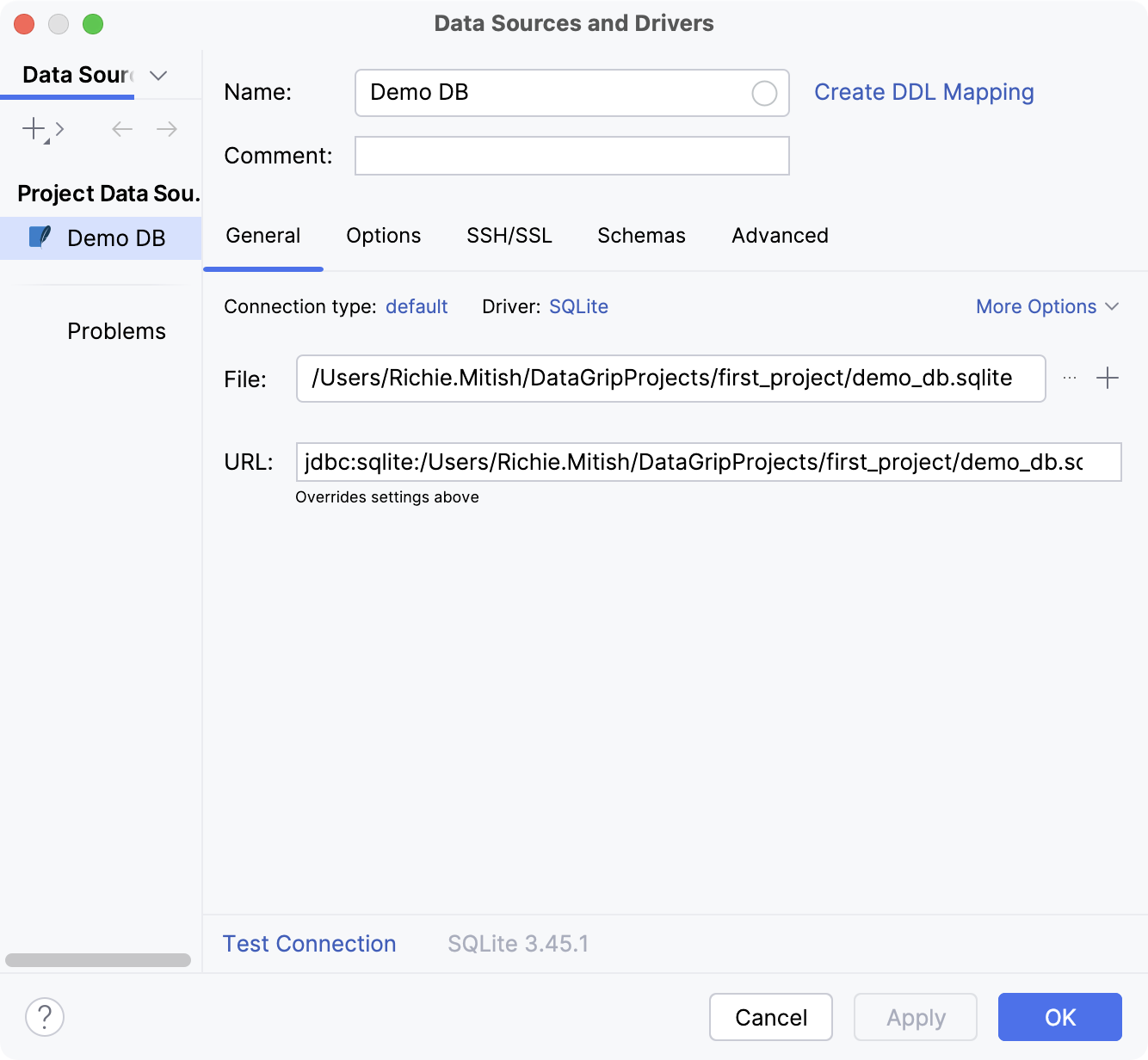 Settings of a new data source in the Data Source and Drivers dialog