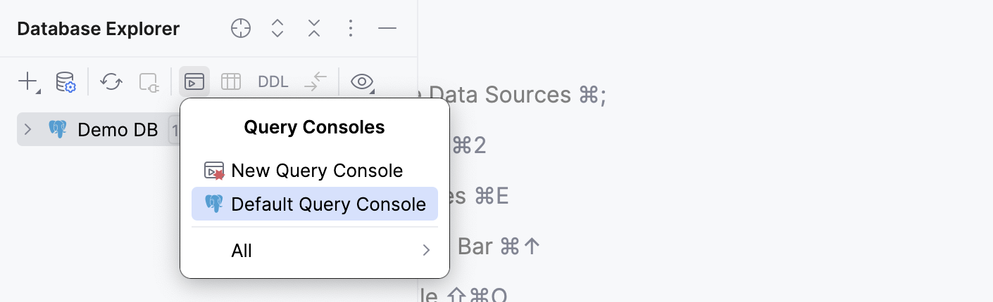 Open the data source's default query console