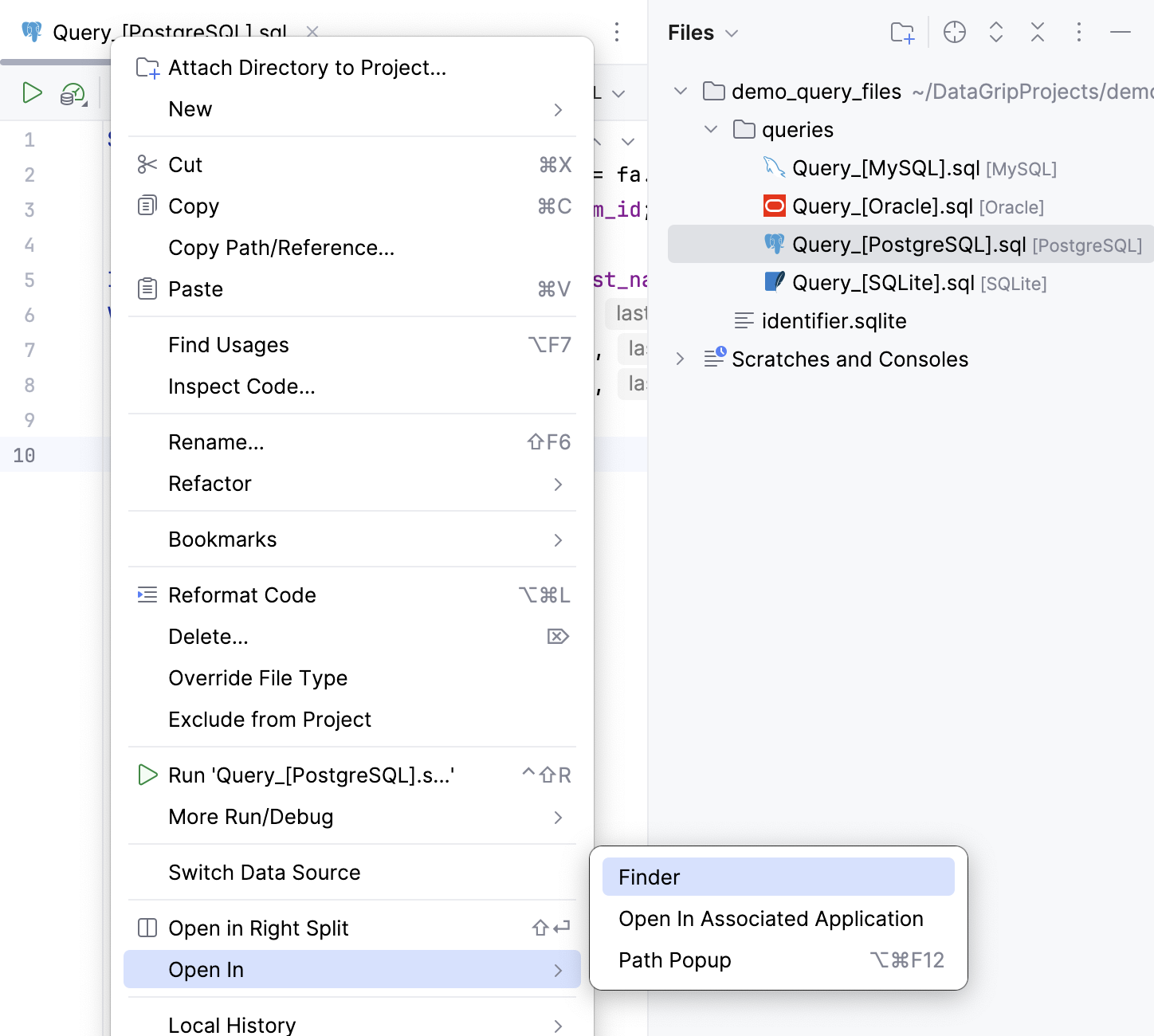 Open a query console in the file browser