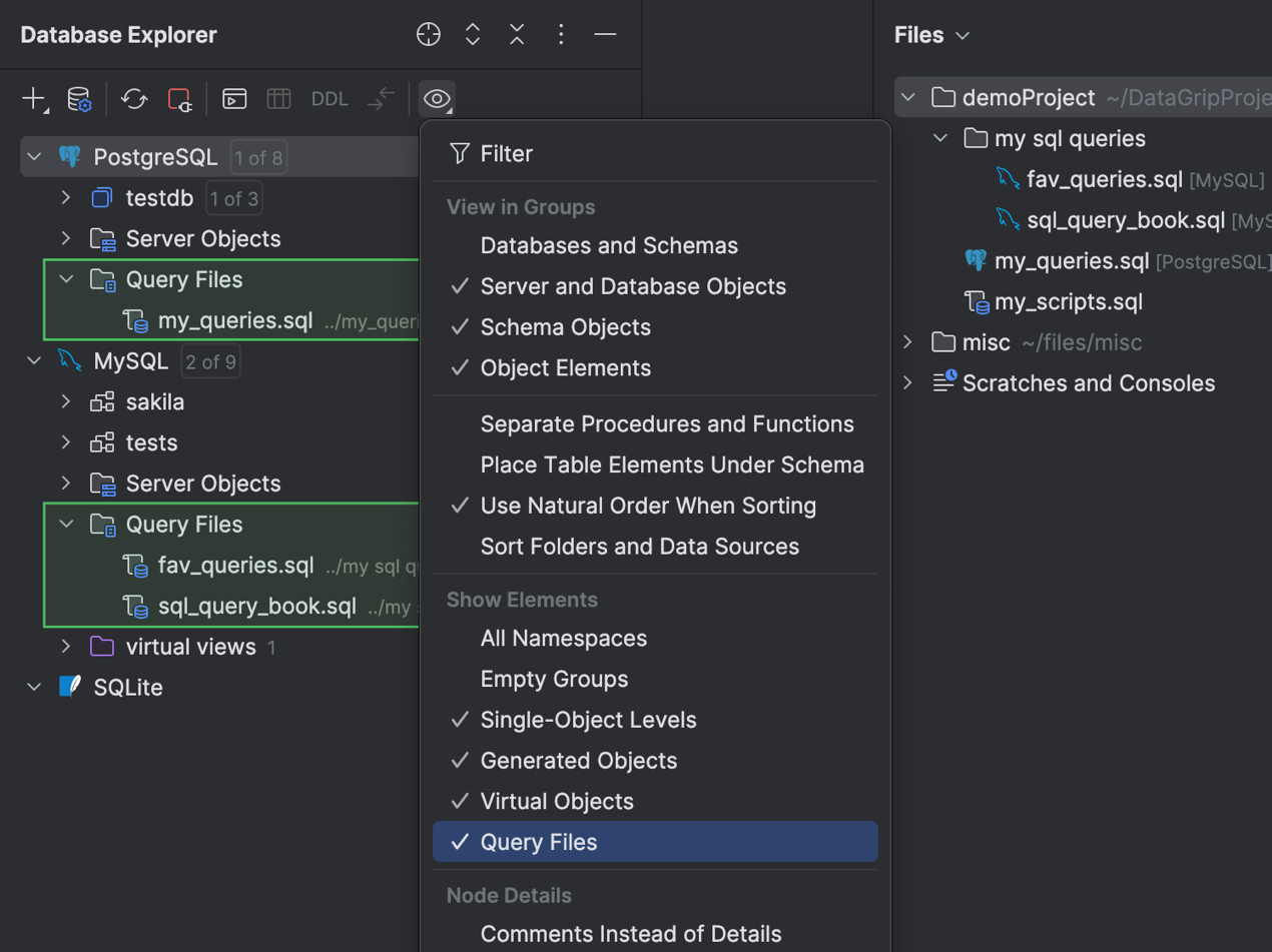 Query Files folder in Database Explorer Query Files folder in Database Explorer