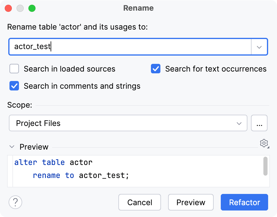 Rename dialog for a table Rename dialog for a table