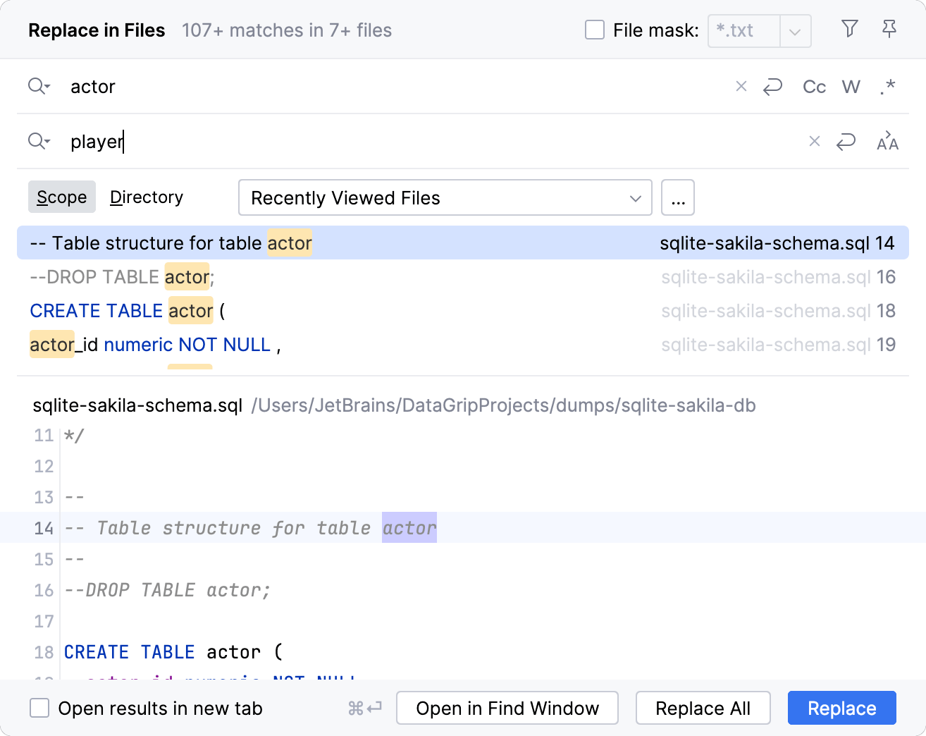 Replace in Files dialog Replace in Files dialog