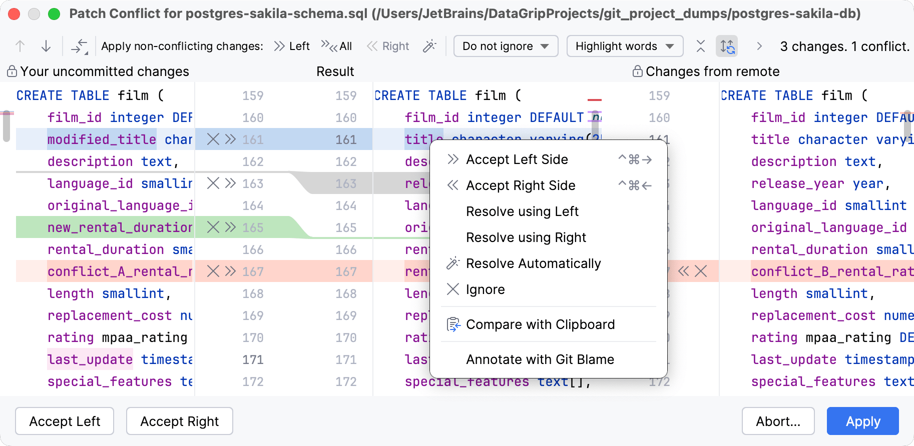 The context menu of a conflicting change The context menu of a conflicting change