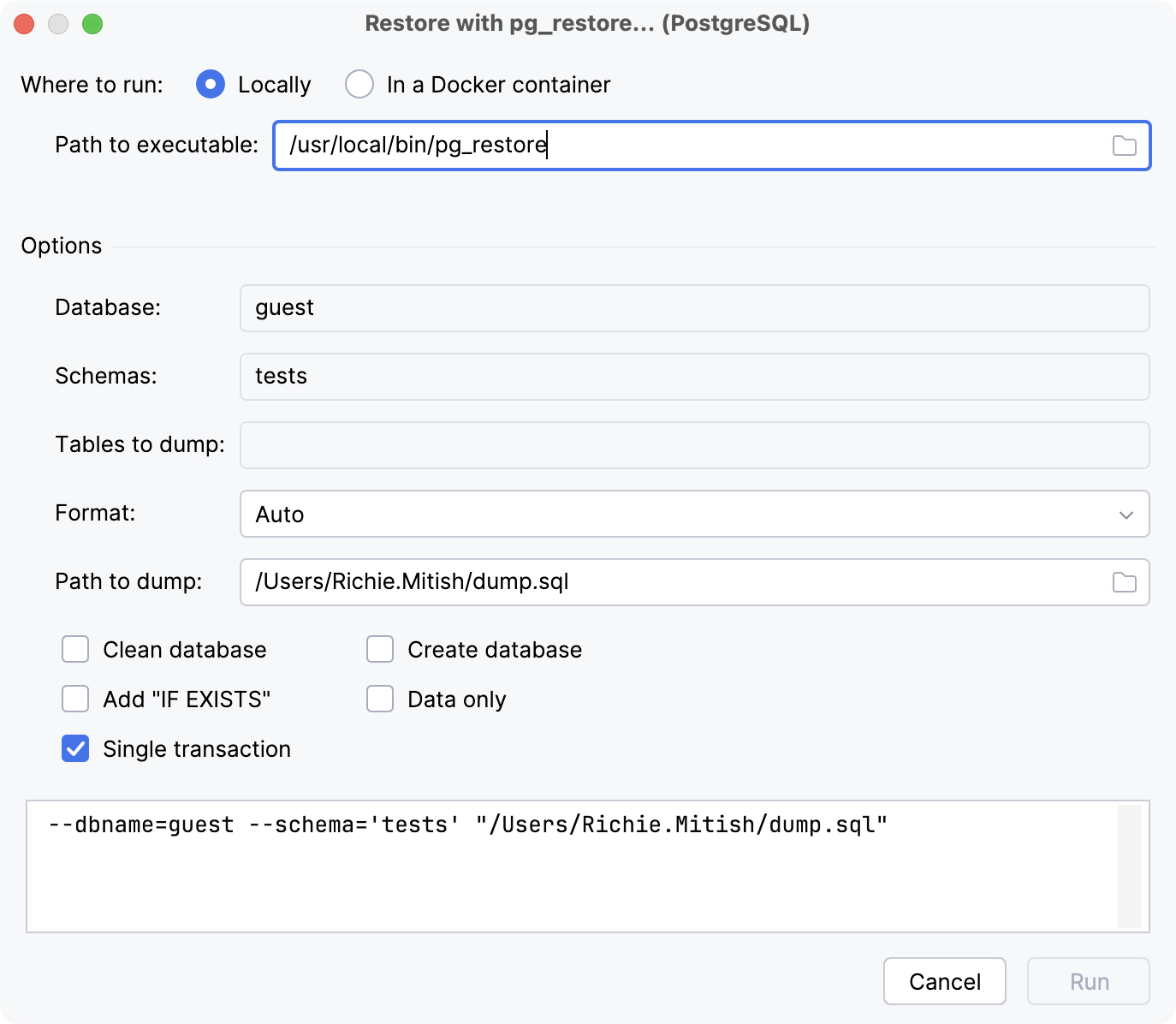 the Restore with pg_restore dialog the Restore with pg_restore dialog