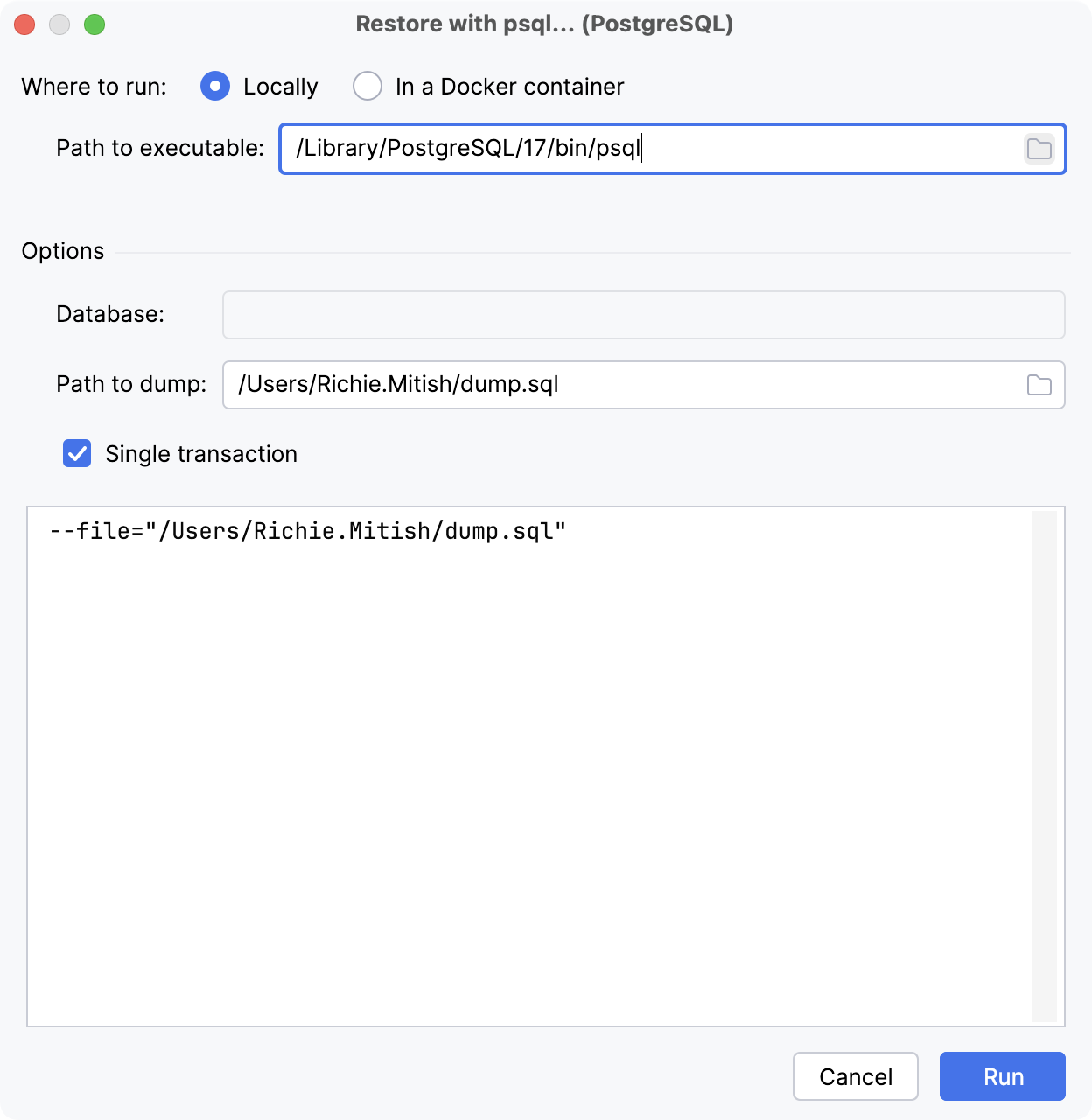 the Restore with psql dialog the Restore with psql dialog