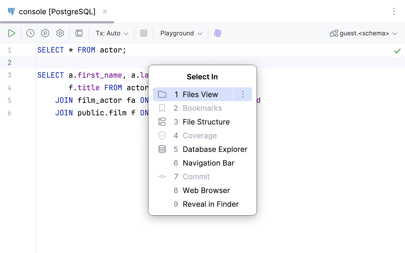 Navigate to a database object from editor code with the Select In popup