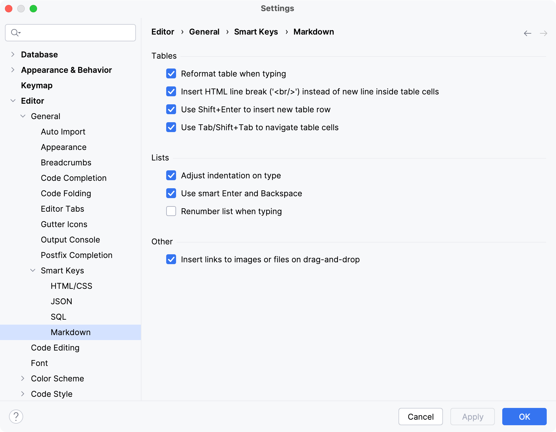 Settings | Editor | General | Smart Keys | Markdown Settings | Editor | General | Smart Keys | Markdown