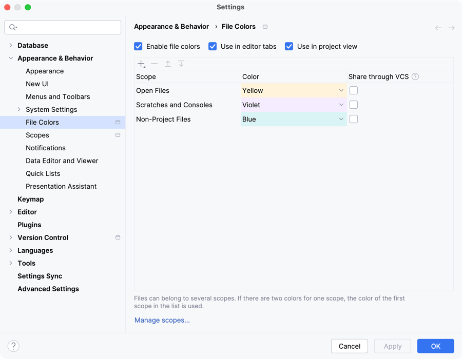 The File Colors settings page The File Colors settings page