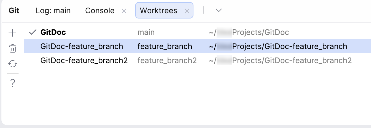 Worktrees tab in the Git tool window with several worktrees Worktrees tab in the Git tool window with several worktrees