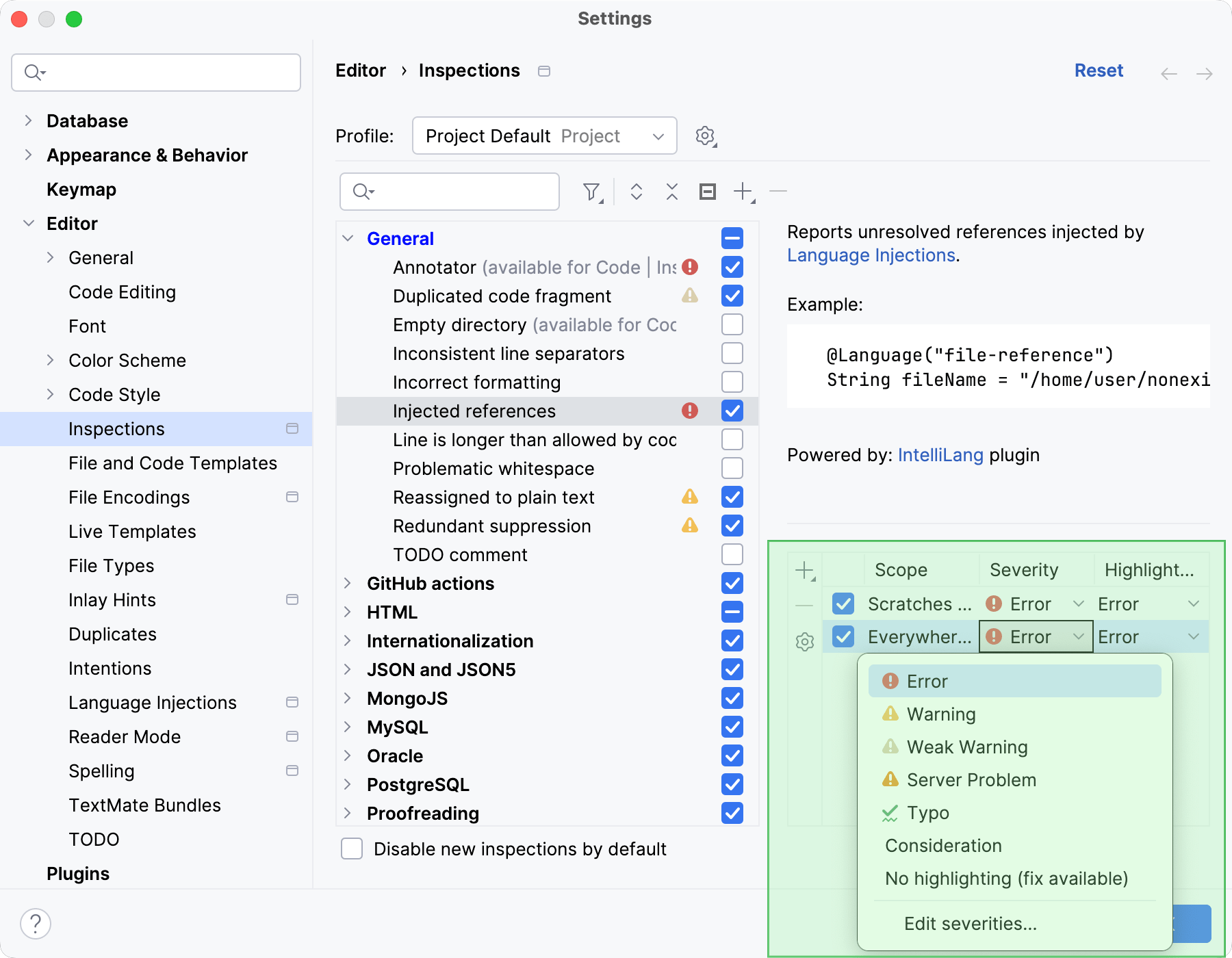 Changing inspection severity by scope Changing inspection severity by scope