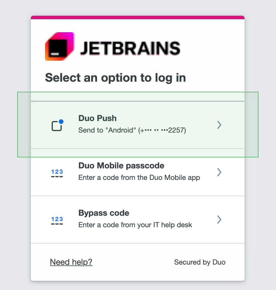 Selecting the Duo Push option to log in