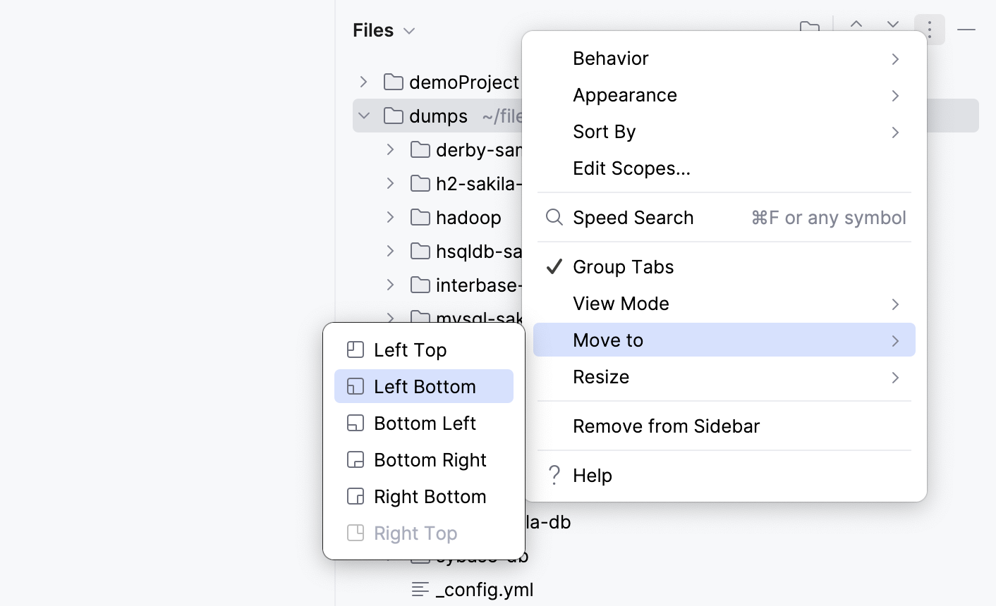 Tool window options menu: Move to Tool window options menu: Move to