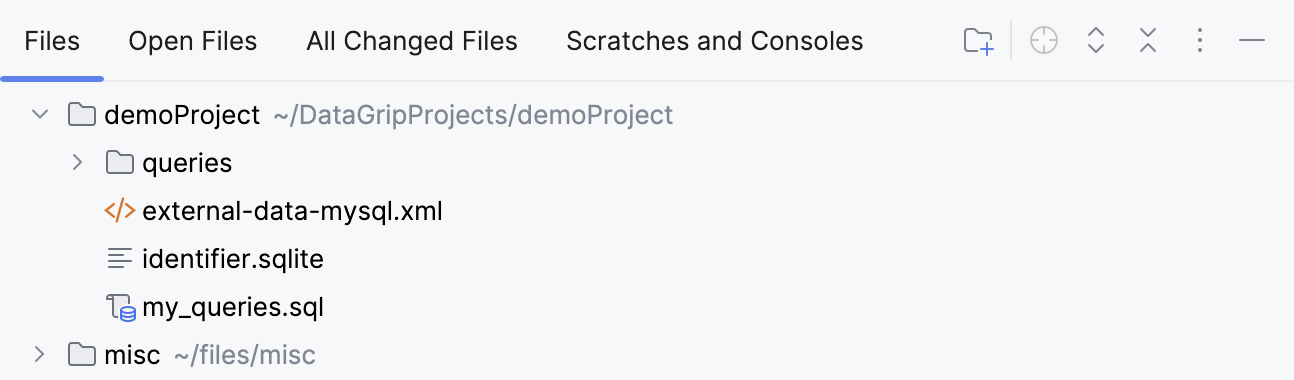 The Files tool window with the Group Tabs option enabled
