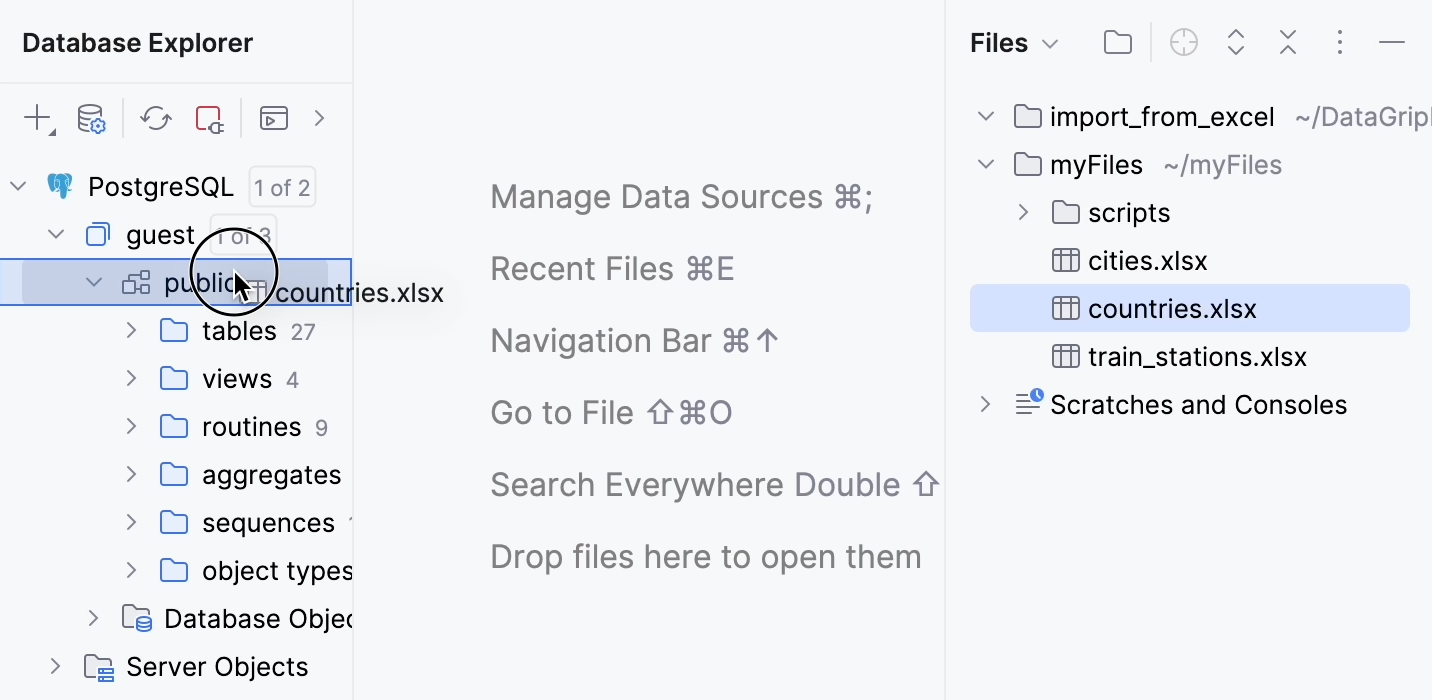 Drag the Excel file from Files tool window to Database Explorer