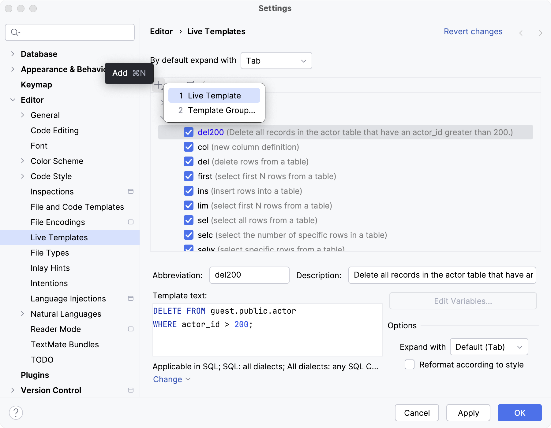 Creating a new live template with user parameters Creating a new live template with user parameters