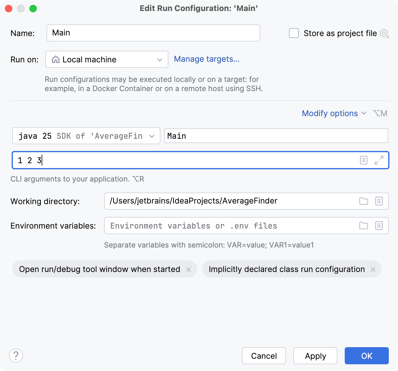 Arguments are entered in the Program arguments field