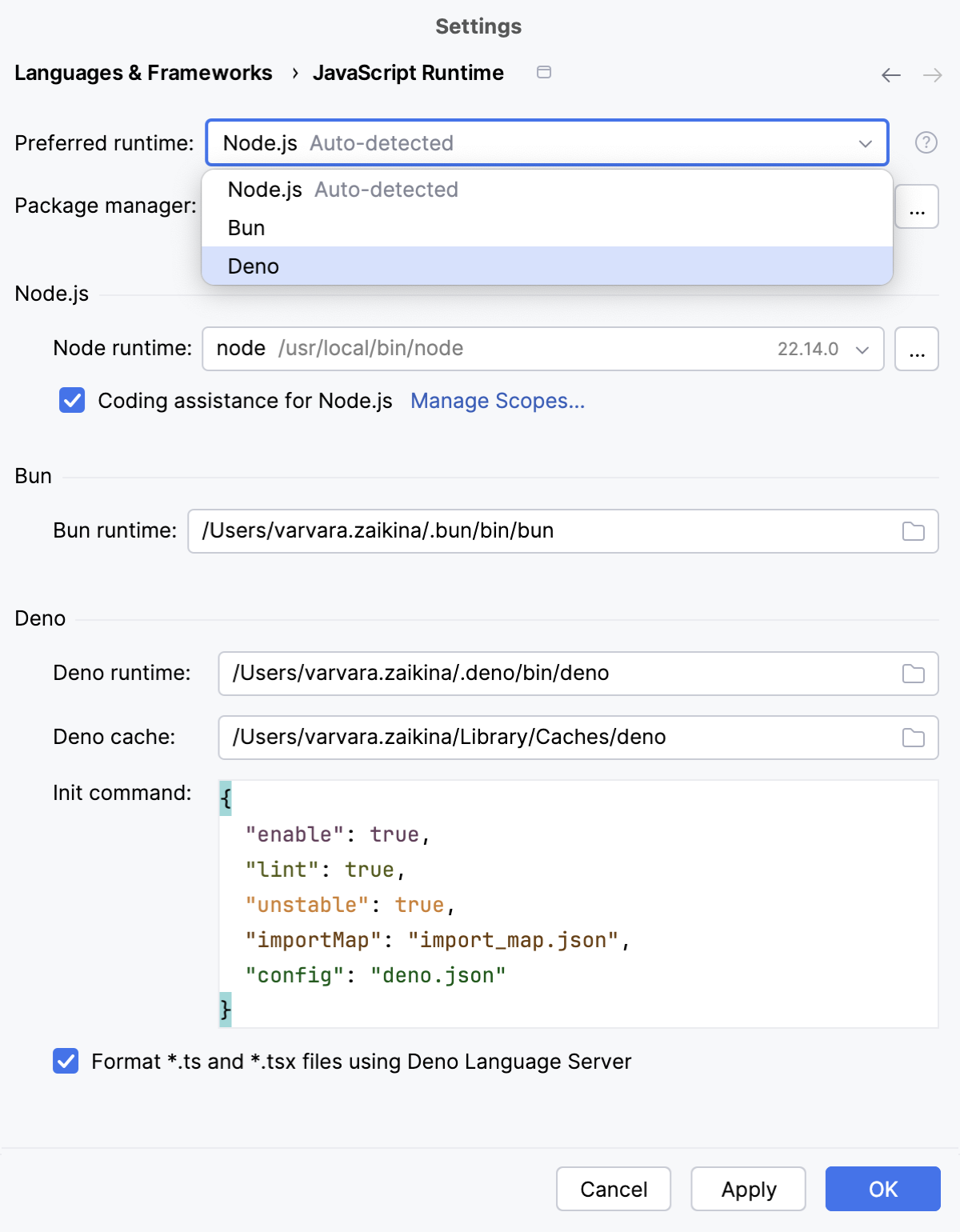 Deno configuration settings