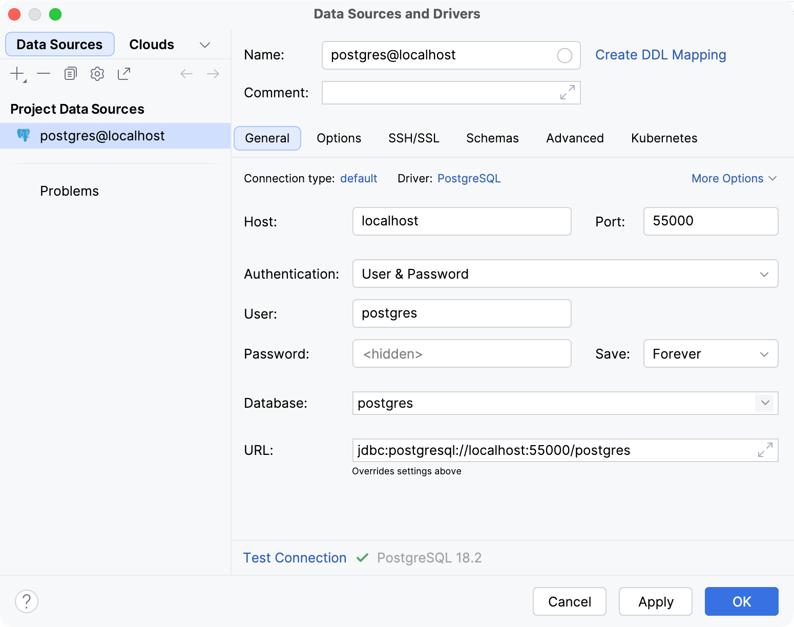 The Data Sources and Drivers dialog