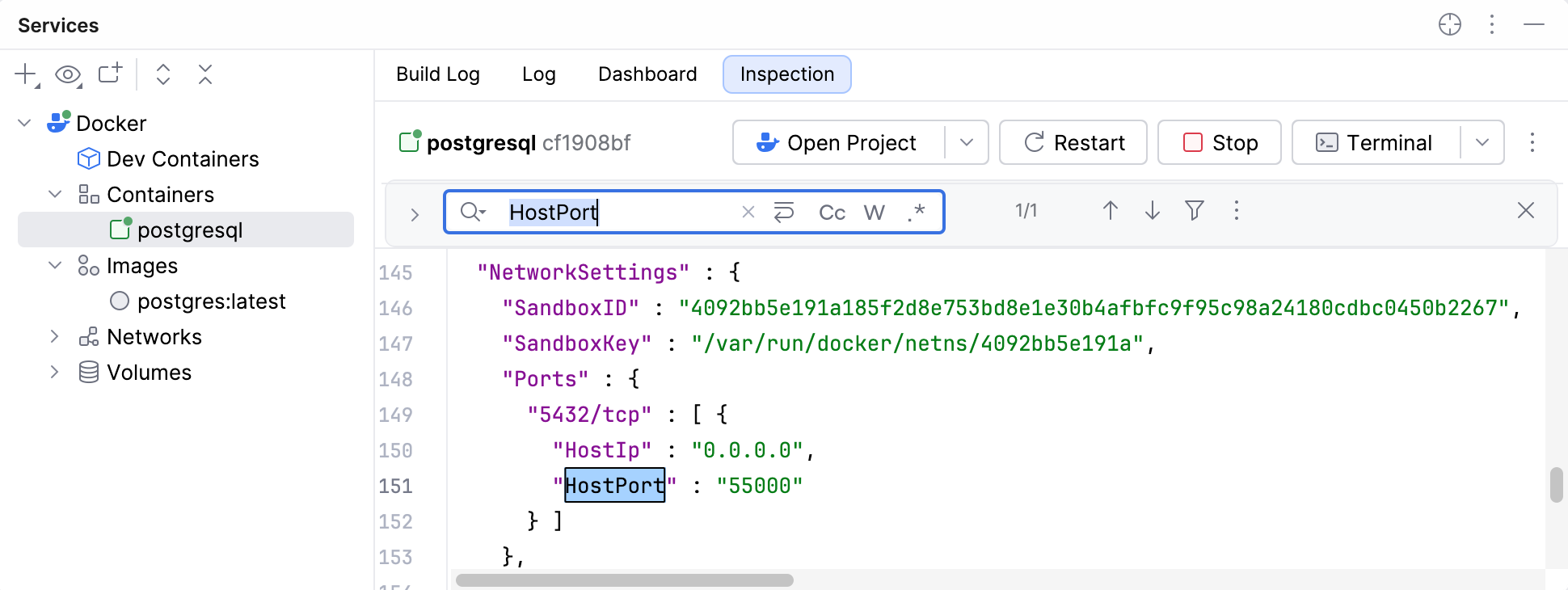 Port mapping check in the Services tool window