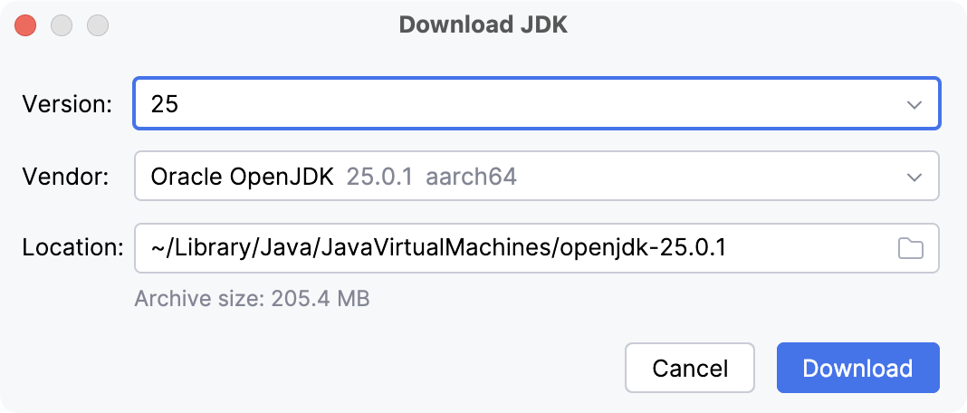 Downloading a JDK when creating a project