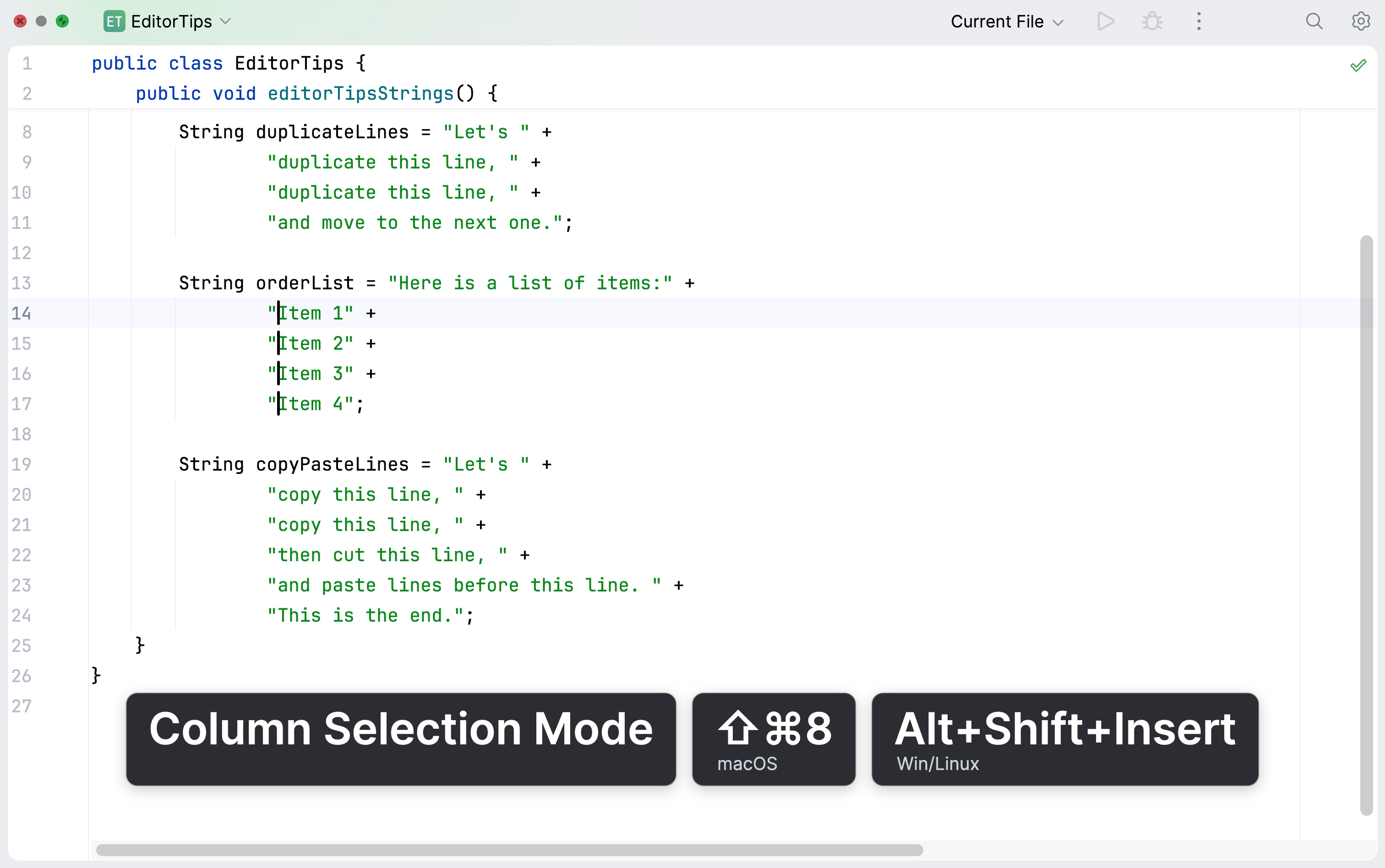 Type text in column selection mode