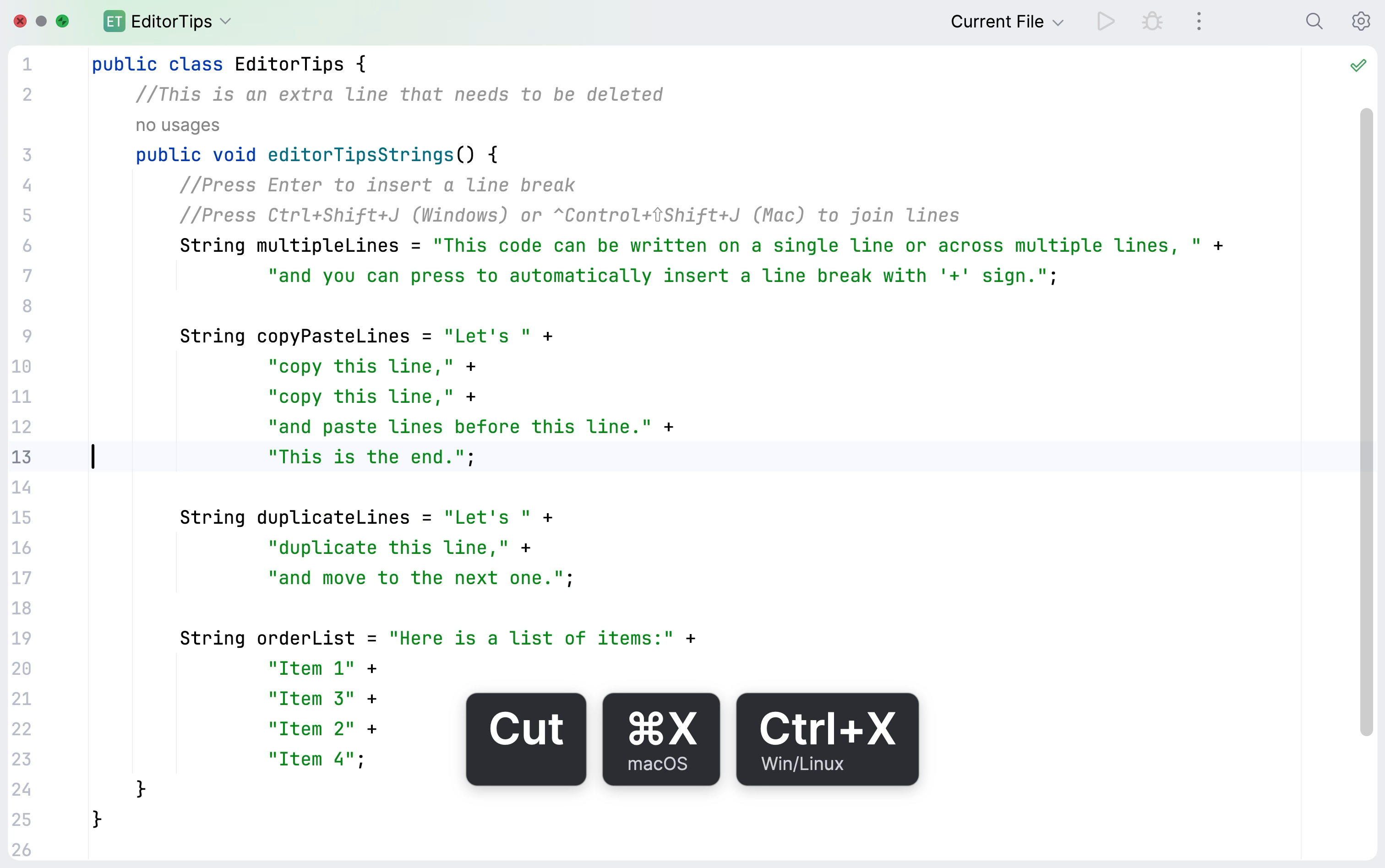 Cut and paste line in the editor