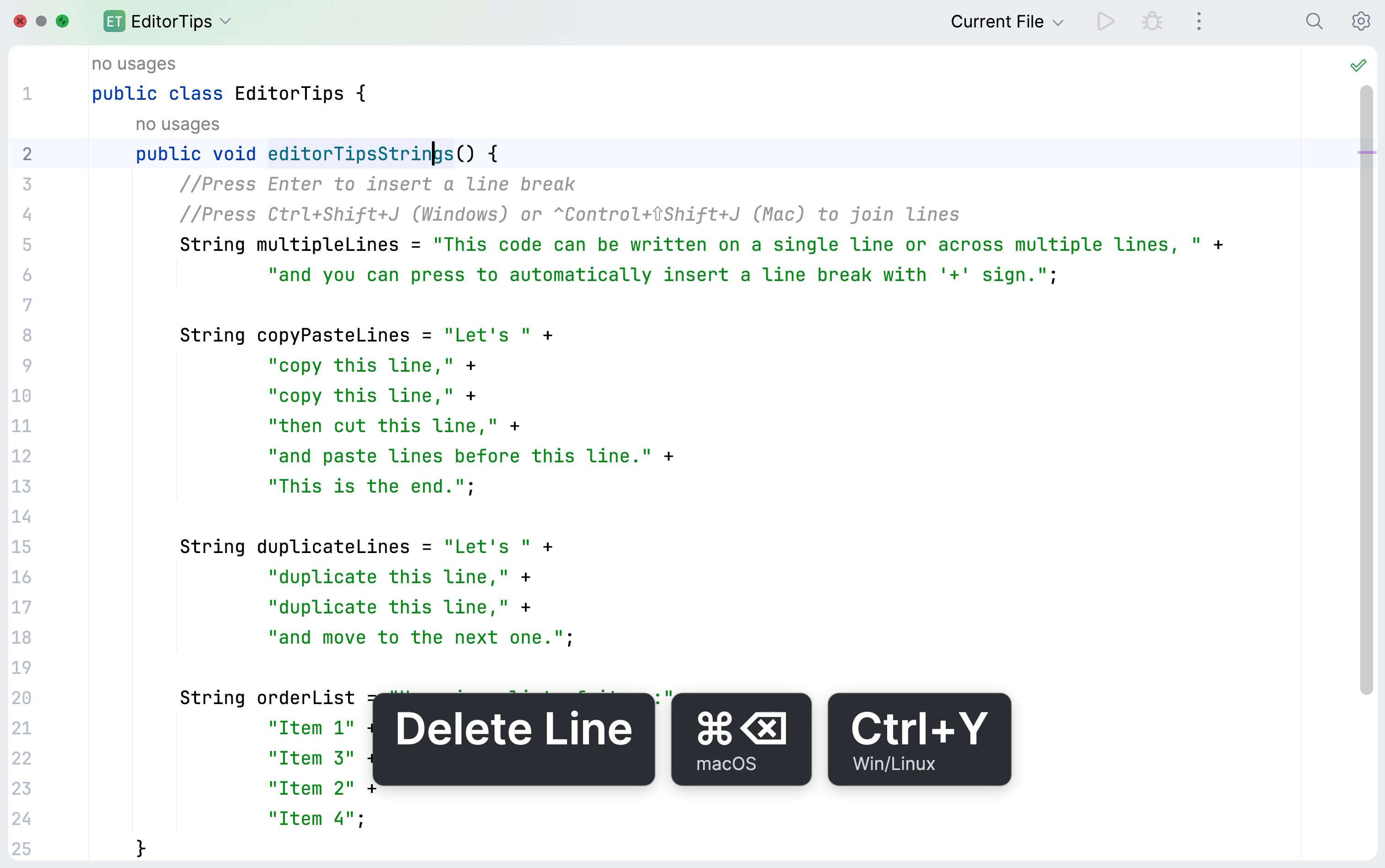 Delete an entire line in the editor