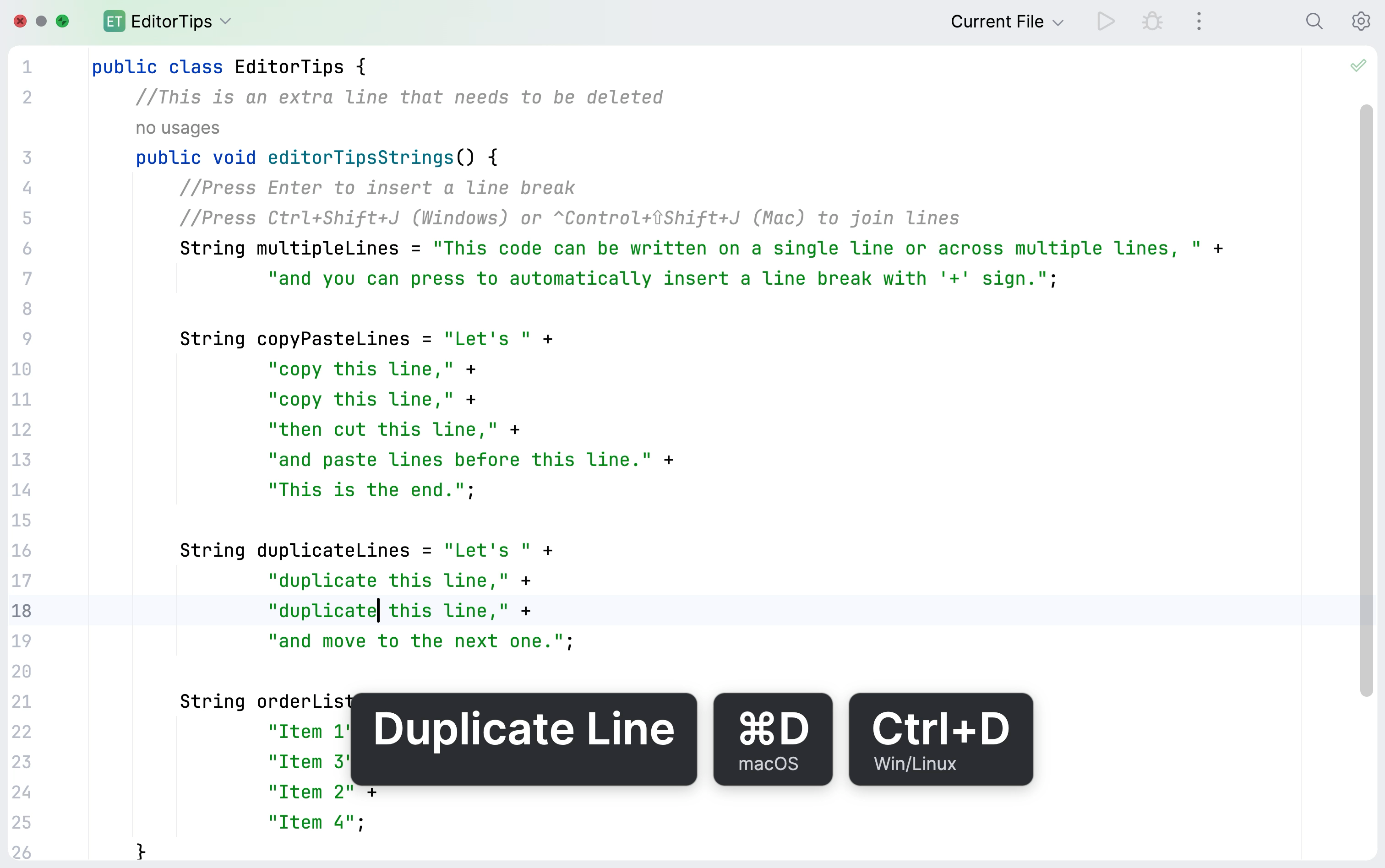 Duplicate line in the editor