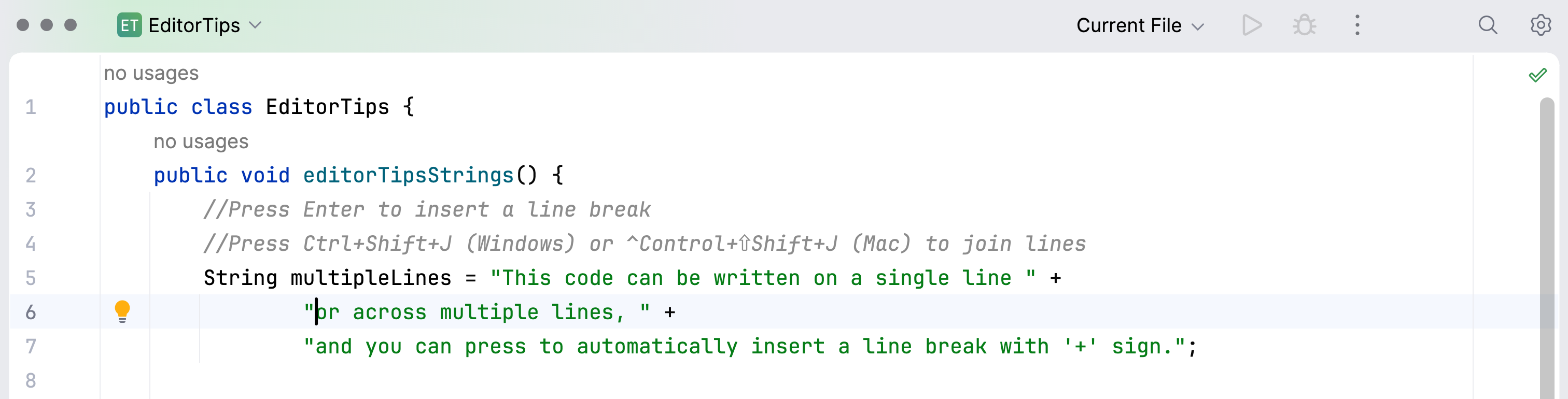 Split a line in the editor