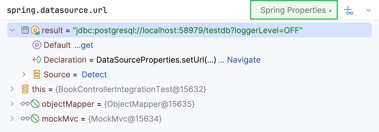 Property value and details in the Variables tab