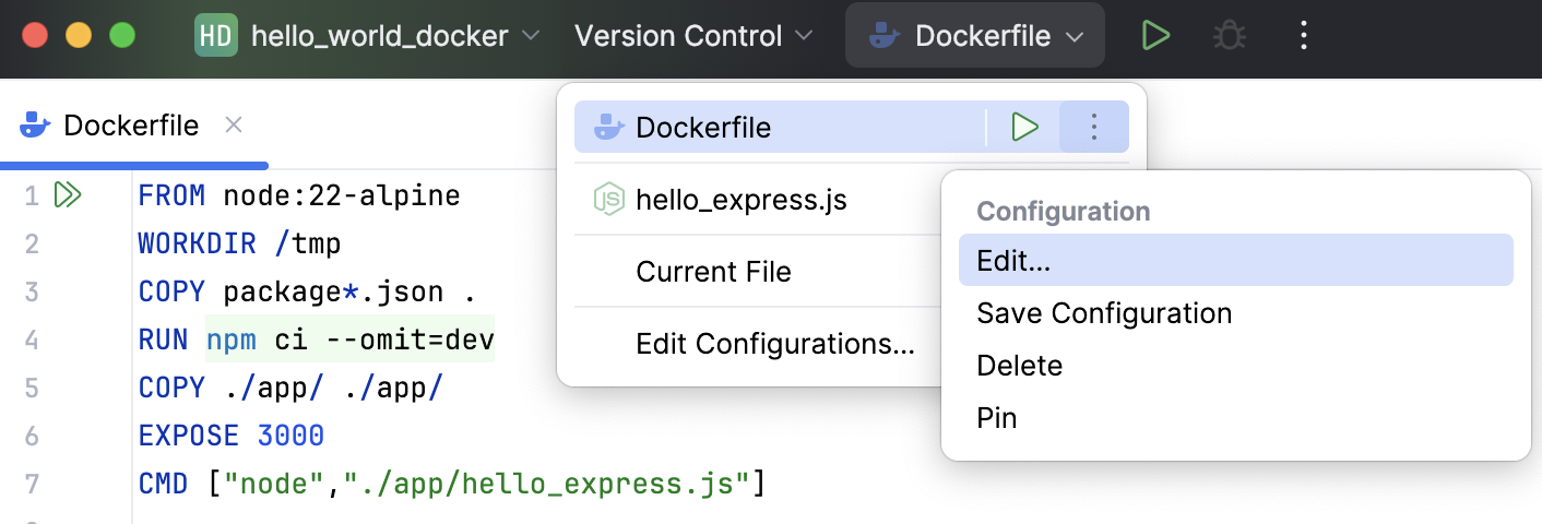 Open Dockerfile run configuration from the Run Widget