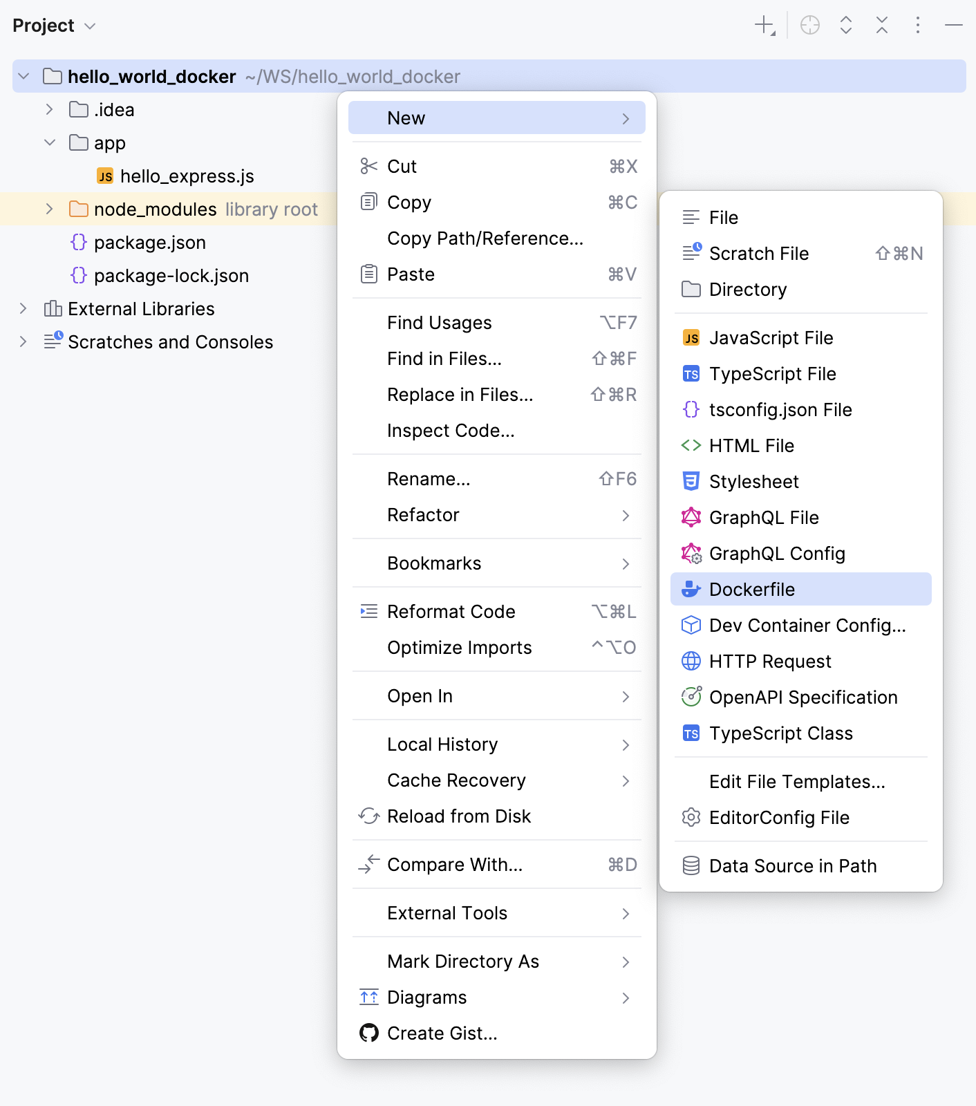 Create a Dockerfile - context menu