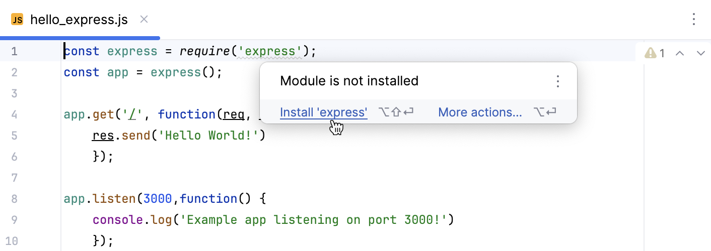 Express is not installed - a quick-fix is suggested