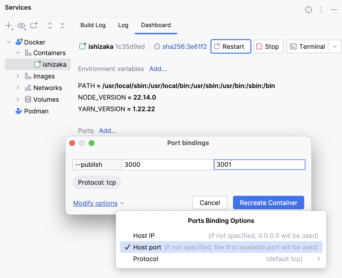 Bind ports in a running container