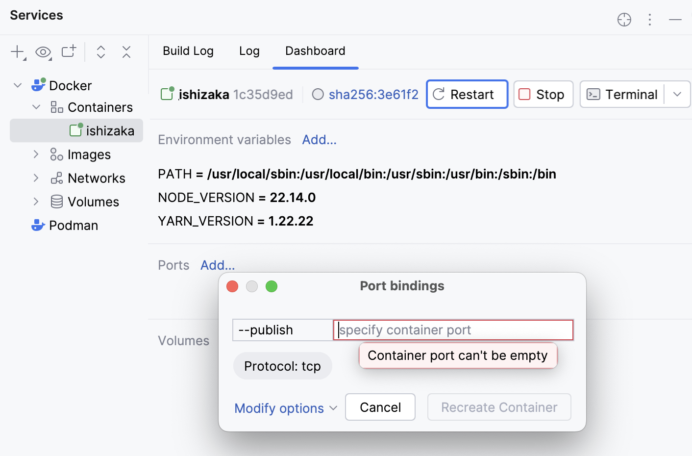 Bind ports - specify the container port