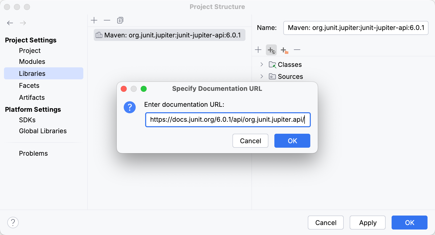 Specifying the library documentation path in the Project Structure dialog