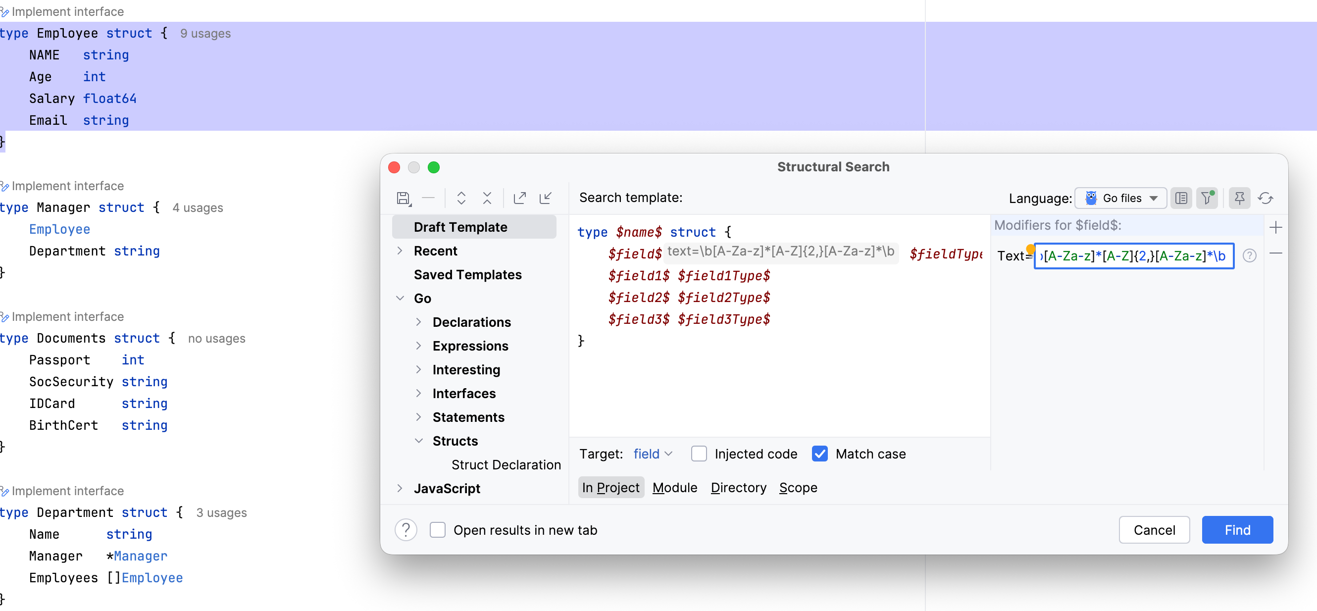 Add a regular expression in the filter dialog